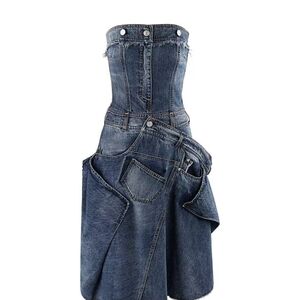 Alexander McQueen Patchwork Deconstructed Denim Jeans Strapless Dress  -Size 6